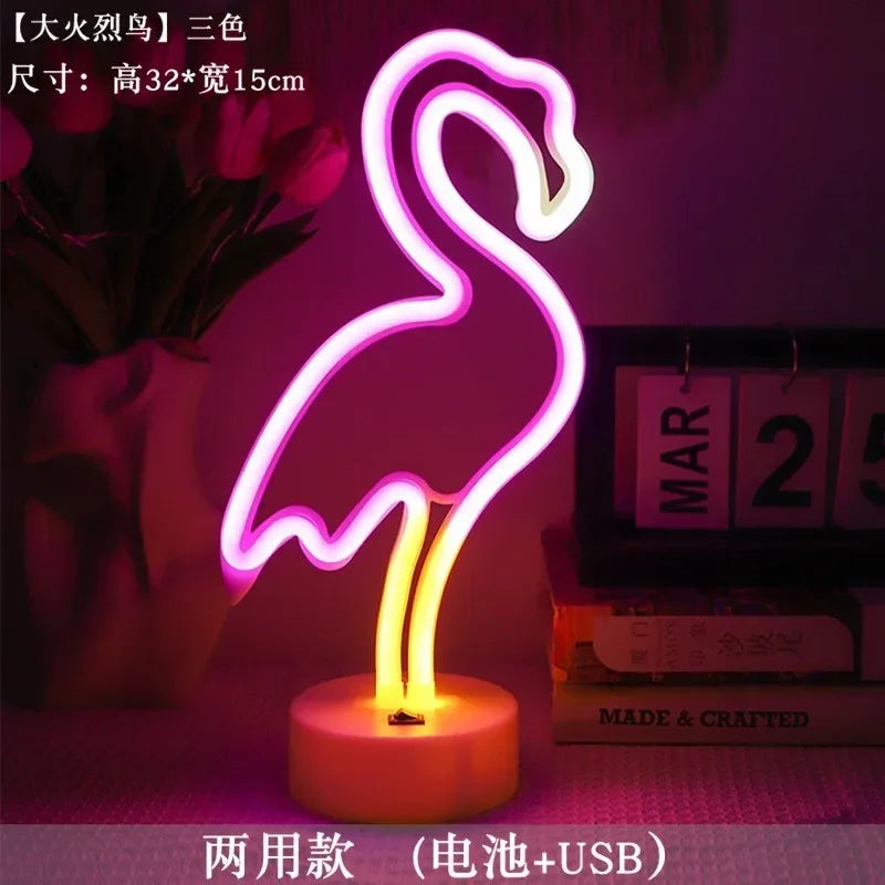 LED Flamingo Neon Sign with Base - USB & Battery Powered Night Light, Bedside Table Lamp for Bedroom Living Room USB Gadgets
